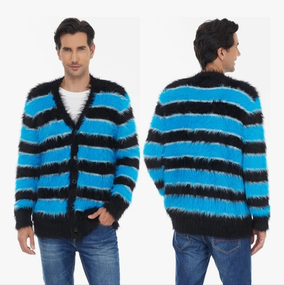 NEW‼️Fuzzy Cardigan in Vibrant Blue and Black S - Picture 3 of 5